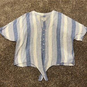 Rails Blue and White Short Sleeve Tie Front Blouse